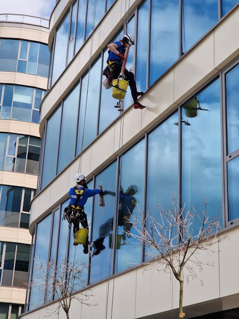 Two professional window cleaners from Kensington Carpet Cleaners are performing surface cleaning and window sanitisation on the exterior glass facade of a modern multi-storey office building. They are suspended by harnesses and ropes, equipped with protective helmets, harnesses, and bucket tools for cleaning. The large reflective glass panels are spotless and clear, reflecting a partly cloudy sky and nearby structures, demonstrating meticulous commercial cleaning in an urban setting. The building's curved architecture and the presence of leafless trees in the foreground suggest a professional approach to maintaining exterior glass hygiene and surface cleanliness in compliance with commercial cleaning standards for Kensington businesses.