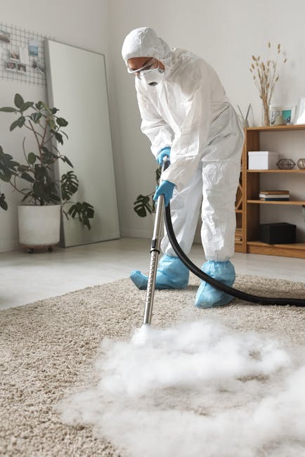 A woman is engaged in surface cleaning using a yellow vacuum cleaner with a black hose, vacuuming a large, ornate, cream-colored rug with floral patterns in a living room. The scene features a wooden floor surrounding the rug and a red leather sofa positioned on the right. The room is well-lit with natural light, highlighting the cleanliness and condition of the rug and surrounding surfaces. This image illustrates domestic cleaning practices, emphasizing thorough carpet and surface maintenance, consistent with the services offered by Kensington Carpet Cleaners highlighted in the article about hidden carpet cleaning charges to avoid in Kensington.