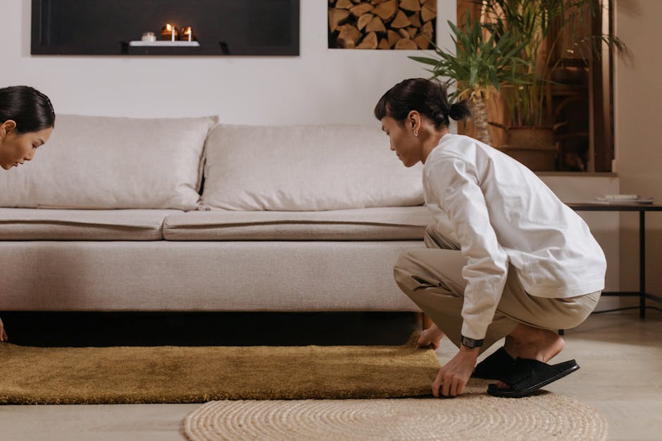 A professional cleaner from Kensington Carpet Cleaners is kneeling on the floor in a living room, adjusting a beige carpet that covers a wood floor. The carpet appears freshly vacuumed and clean. The room features a light-colored fabric sofa with matching cushions, a small side table, a potted plant, and a wall-mounted artwork with lit candles, creating a cozy atmosphere. Natural light fills the room, highlighting the polished wooden surfaces and the neat, tidy appearance of the space. This scene exemplifies thorough surface cleaning and maintenance in a domestic setting, emphasizing the importance of hygiene and upkeep in line with Kensington and Chelsea Council Carpet Cleaning Rules.