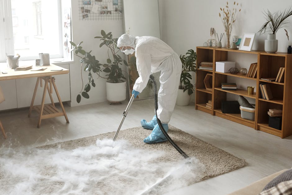A professional cleaner dressed in a white protective suit, face mask, and orange gloves is operating a professional carpet cleaning machine in a modern, well-lit living room. The room features large w